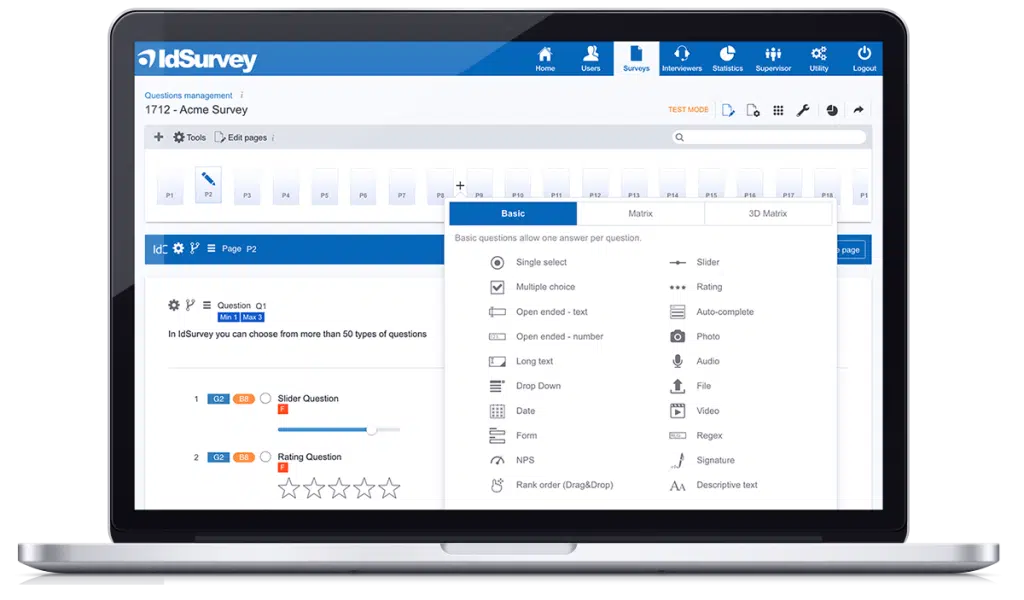 Graphic interface of the survey design software IdSurvey which enables you to create custom telephone, online and offline surveys.