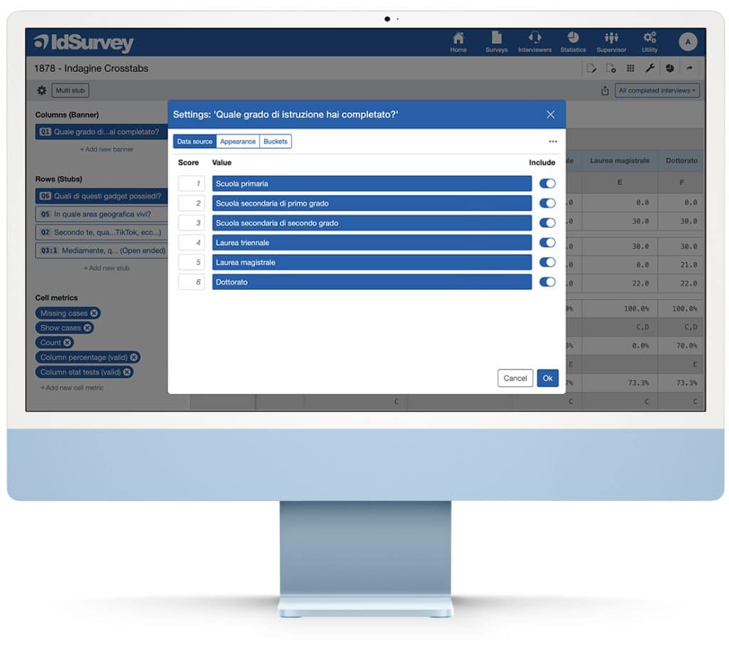 interfaccia crosstab buckets